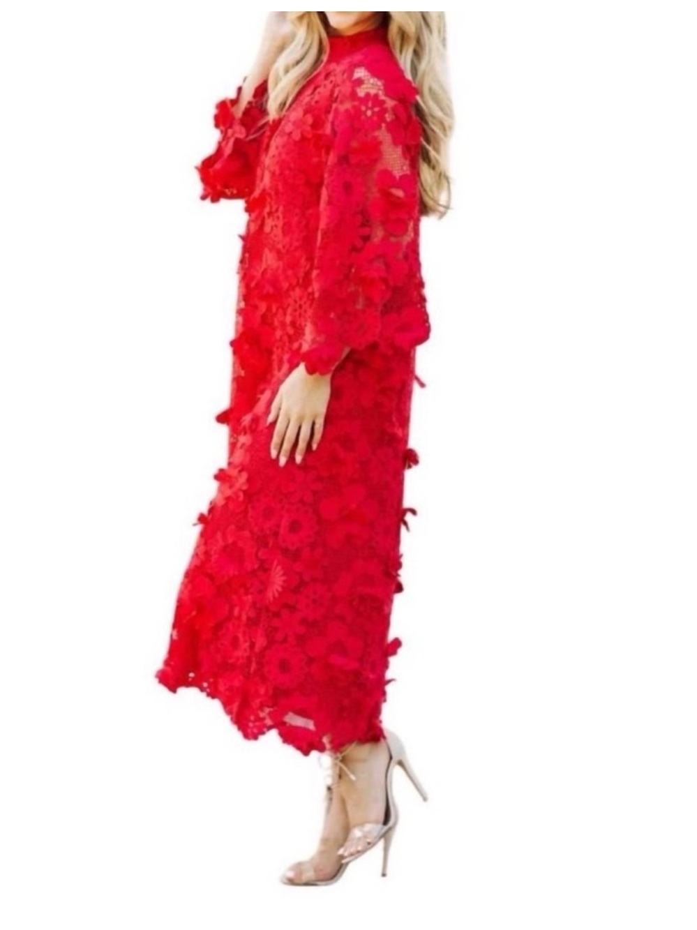 Red 3D Floral Midi Dress with Lace Overlay - Picture 6 of 9